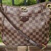 Louis Vuitton South Bank Besace in Damier Ebene canvas with brown leather trim and adjustable strap