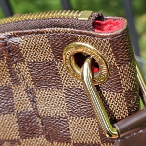 Gold-tone strap hardware and eyelet on the Louis Vuitton South Bank Besace