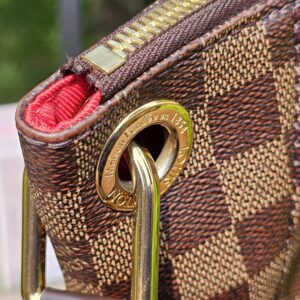 Side of the Louis Vuitton South Bank Besace showing the gold-tone ring and Damier canvas