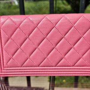 Back of the pink quilted Chanel Boy long wallet