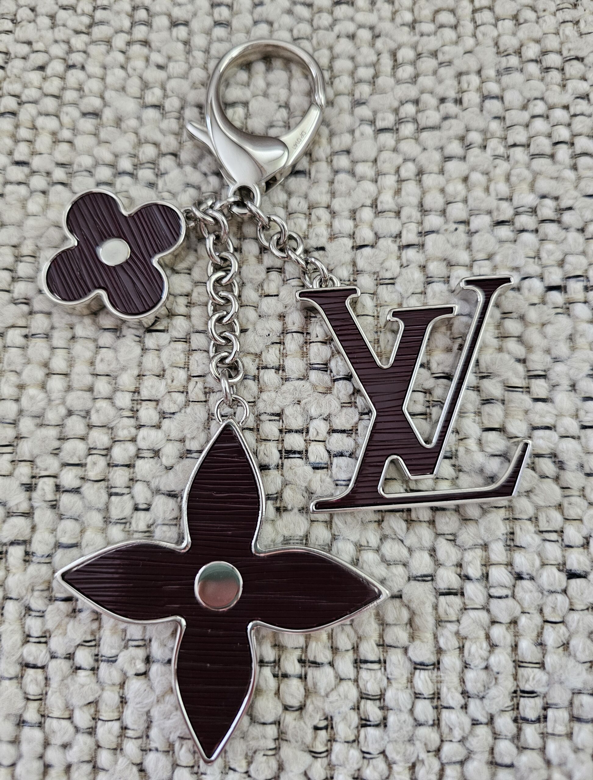 Louis Vuitton Bijoux Sac Fleur de Epi Bag Charm Plum - three plum Epi motifs on a silver-tone chain and lobster clasp