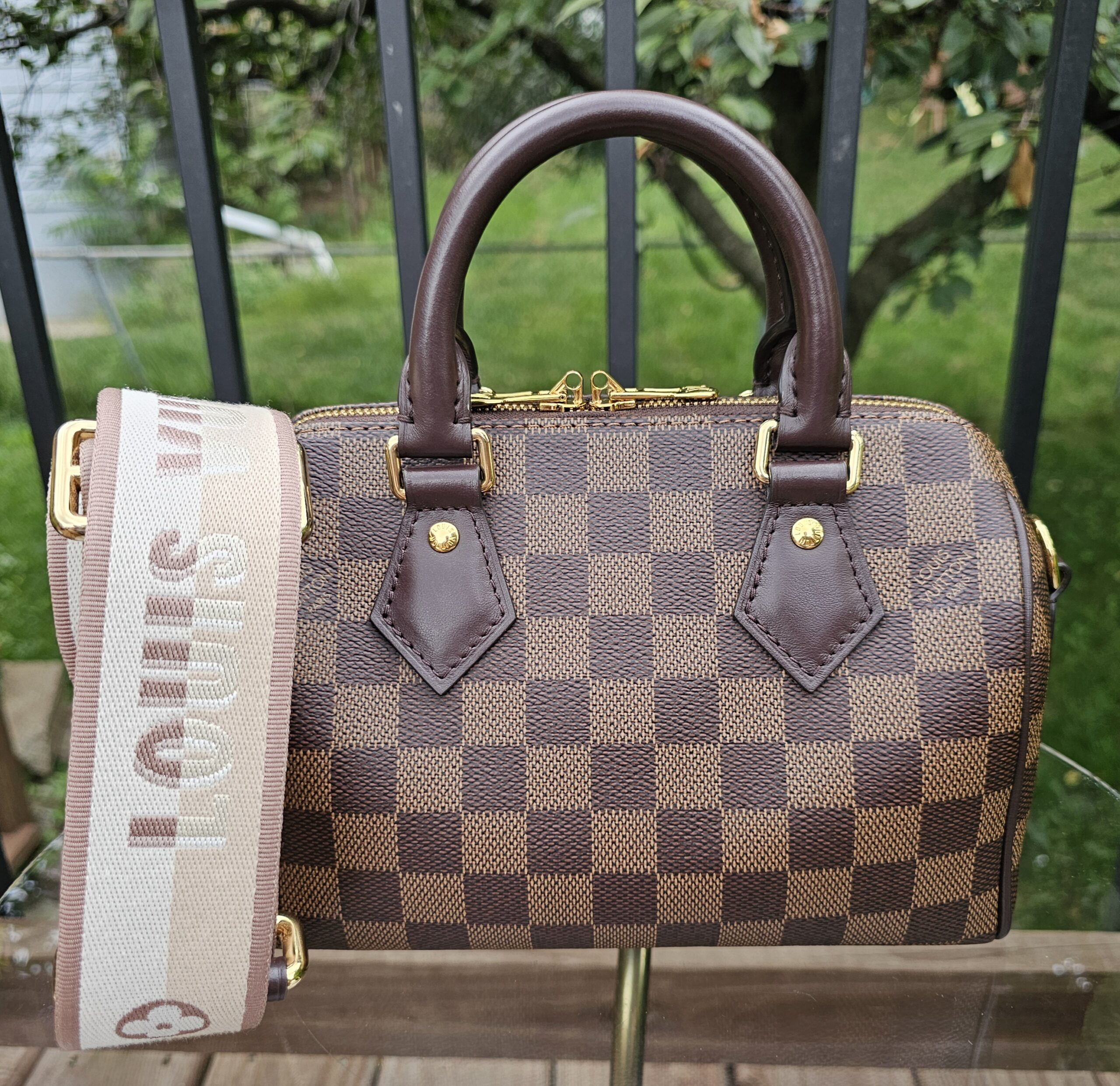 Louis Vuitton Damier Ebene Speedy Bandoulière 20 - shown with its jacquard shoulder strap and dust bag