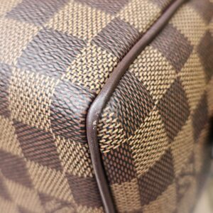 Close-up of the leather piping along the edge of the Damier Ebene Speedy Bandouliere 20