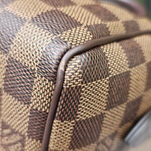 Side corner close-up of the Damier Ebene Speedy Bandouliere 20 canvas