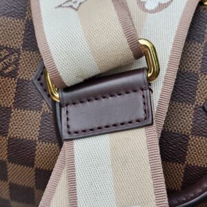 Close-up of the beige monogram jacquard shoulder strap against the Damier Ebene canvas