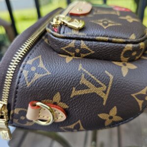 Angled view of the Monogram Cerises Mini Bumbag showing the zip top and gold-tone hardware