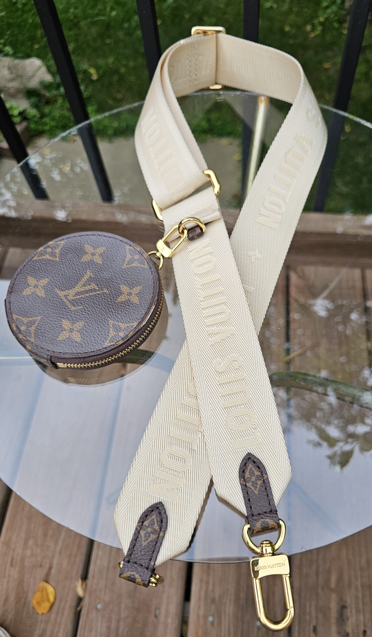 Louis Vuitton Monogram Round Pouch and Jacquard Adjustable Strap Cream - the round pouch clipped to the cream jacquard strap