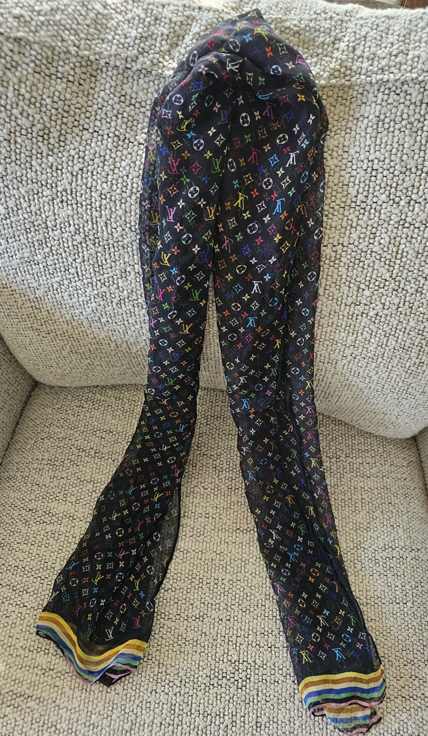 Louis Vuitton Monogram Multicolor crepe scarf hanging at full length