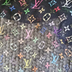 Multicolor Monogram initials and flowers printed on the sheer black silk