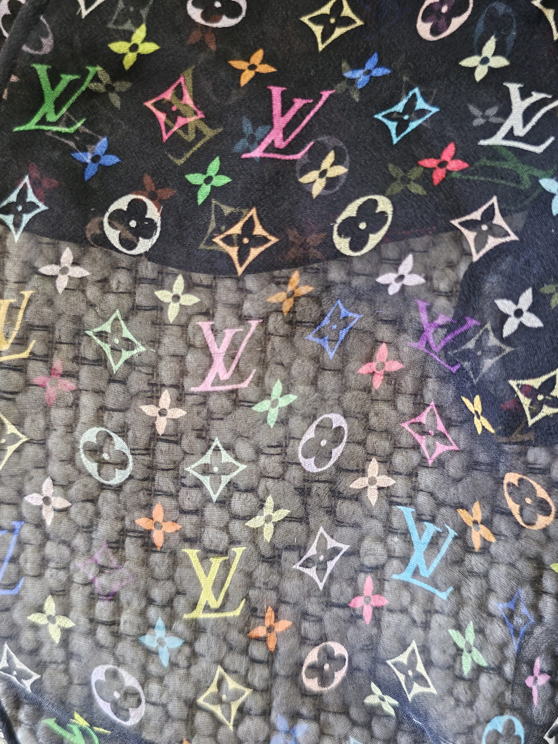Multicolor Monogram initials and flowers printed on the sheer black silk