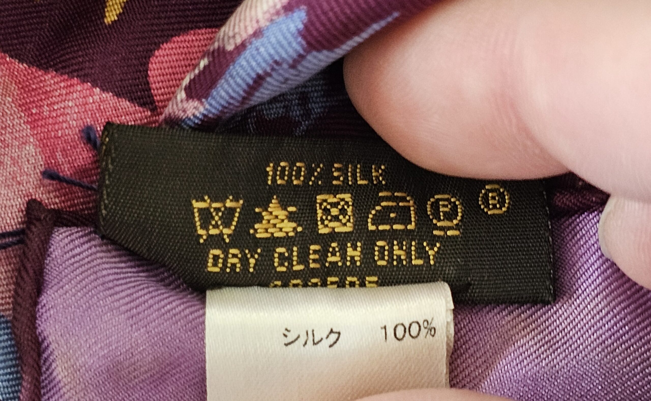100% silk care label on the Paint Print Monogram scarf