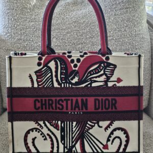 Christian Dior Dioramour D-Chess Heart Medium Book Tote Red - front view with the embroidered CHRISTIAN DIOR PARIS band