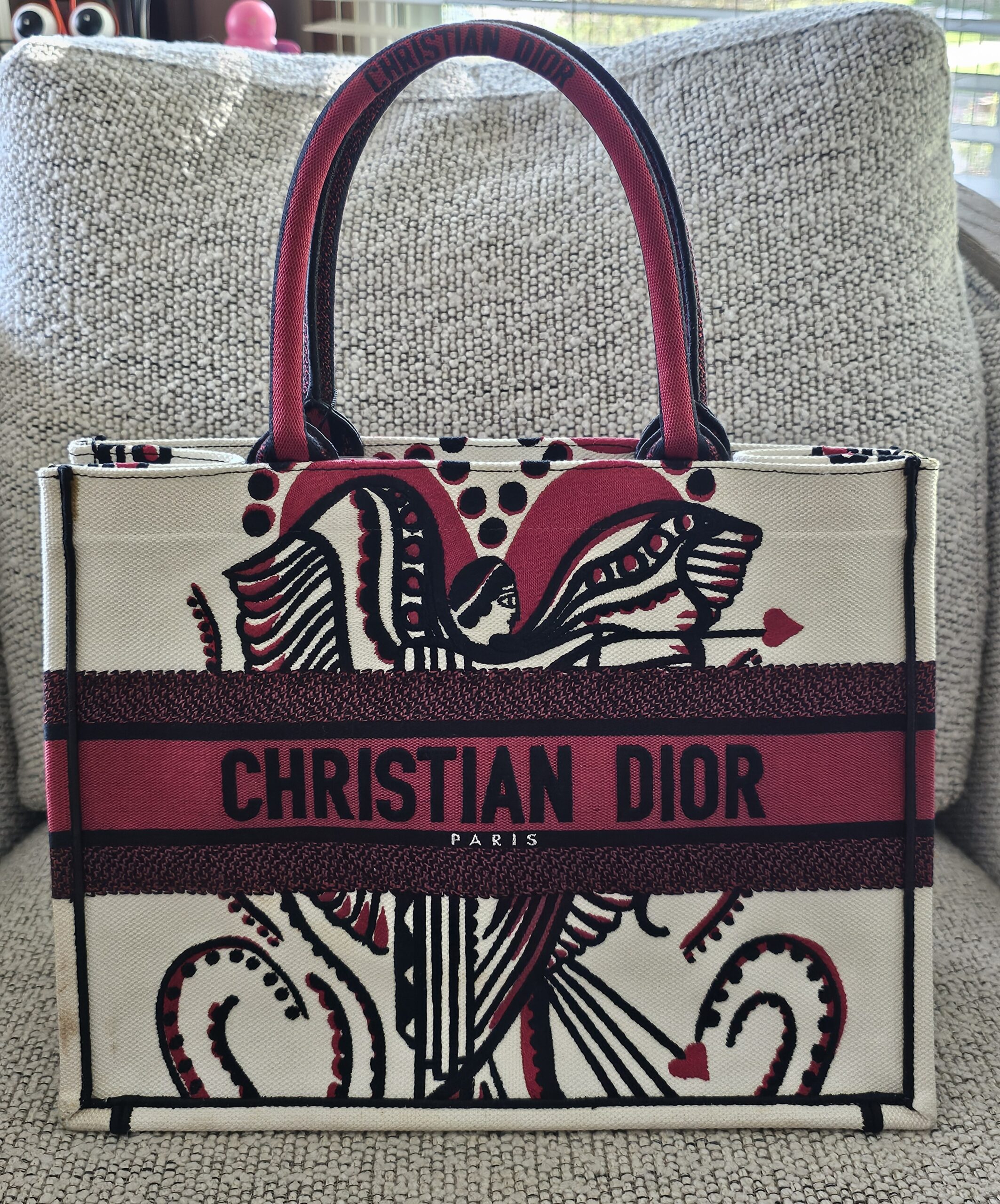 Christian Dior Dioramour D-Chess Heart Medium Book Tote Red - front view with the embroidered CHRISTIAN DIOR PARIS band
