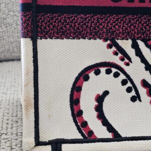 Edge of the Book Tote where the CHRISTIAN DIOR lettering meets the white embroidery