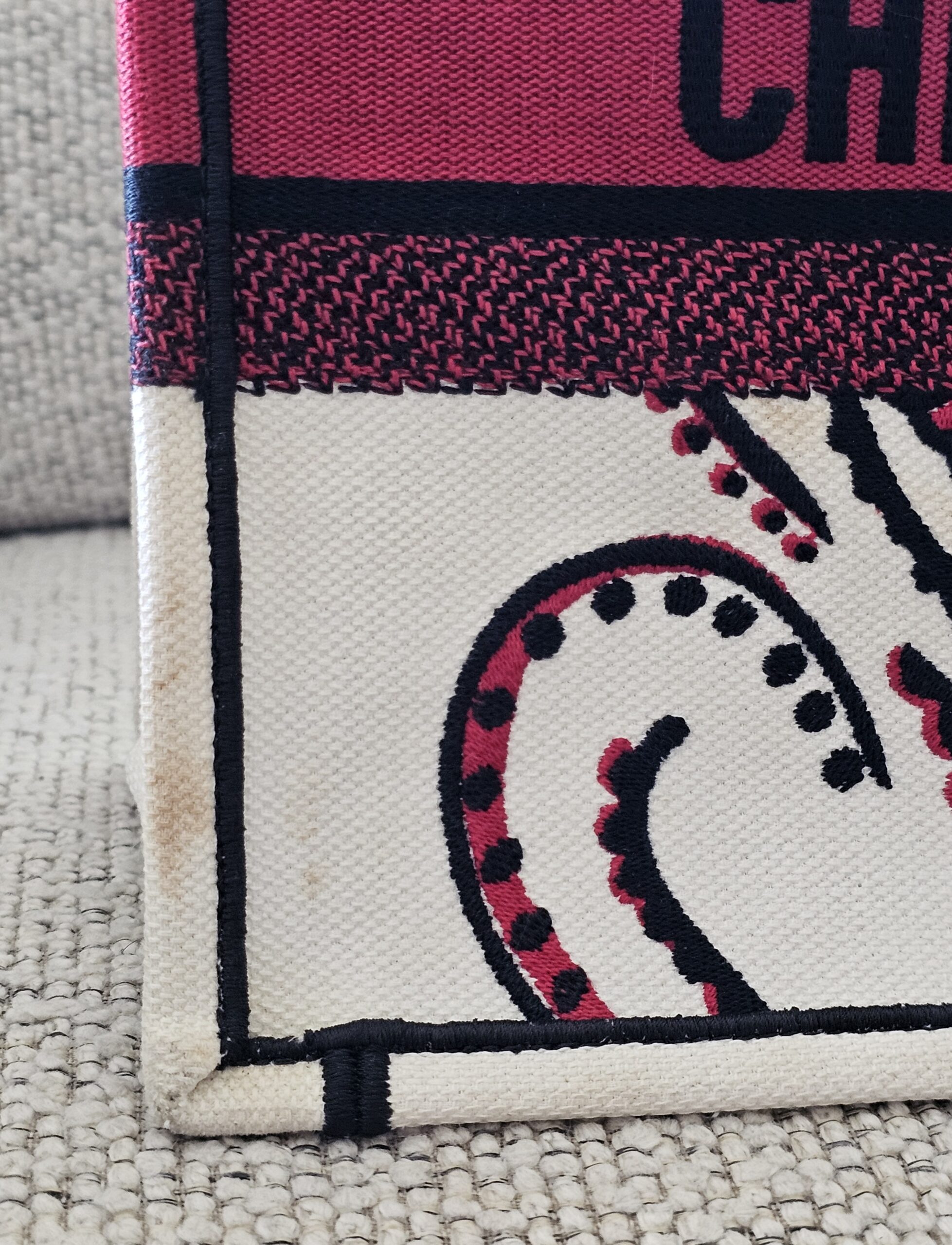 Edge of the Book Tote where the CHRISTIAN DIOR lettering meets the white embroidery
