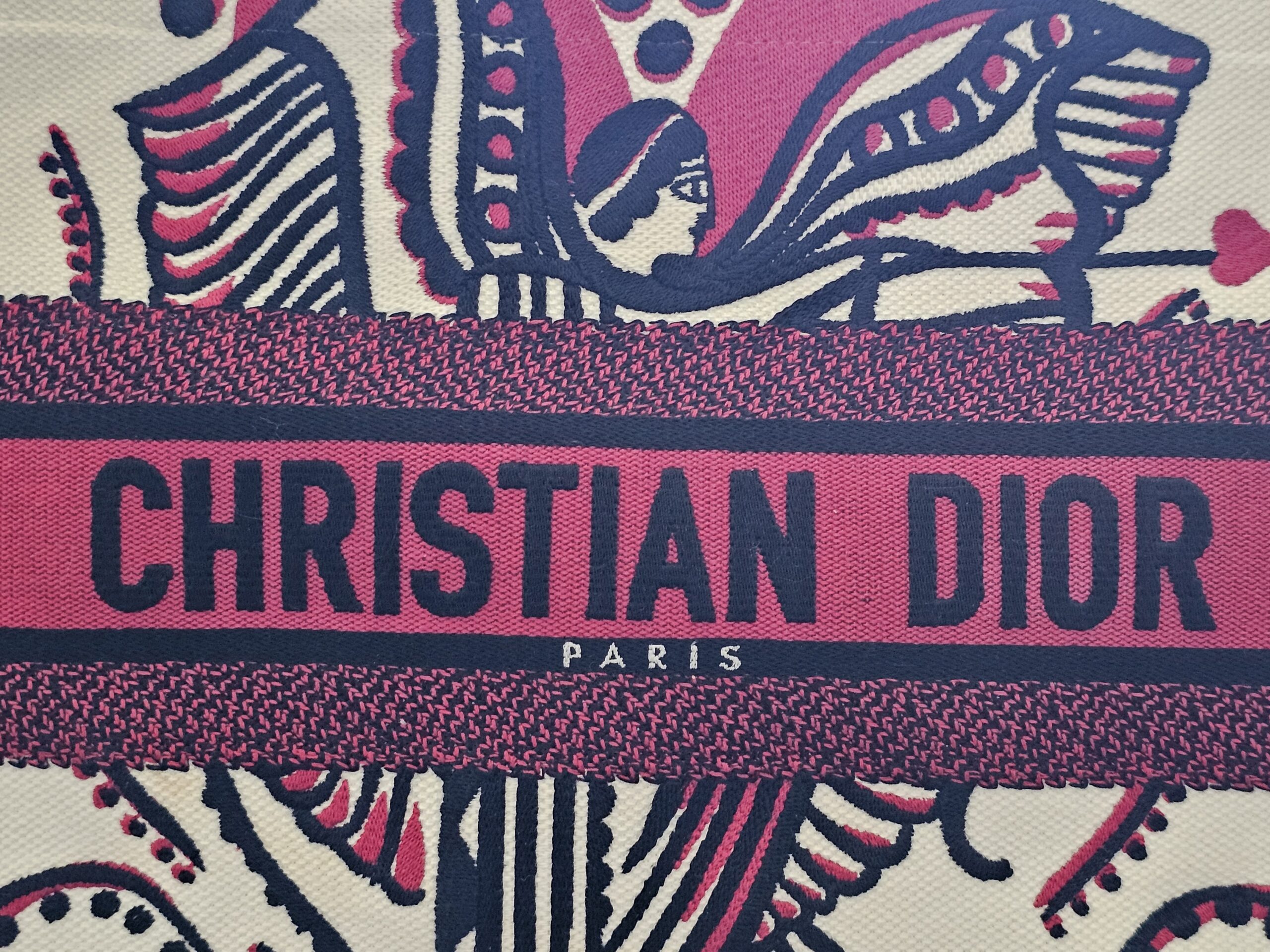 Close-up of the CHRISTIAN DIOR PARIS embroidered band across the Dioramour Book Tote