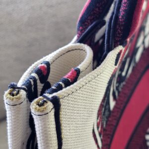Top edge and handle area of the Christian Dior Book Tote showing fuzzing