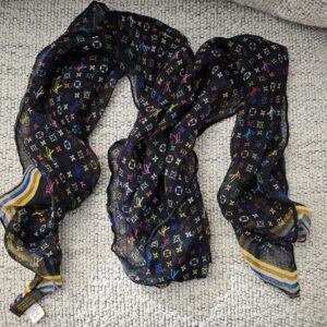 Louis Vuitton Silk Monogram Multicolor Crepe Scarf Black - loosely draped to show the sheer black silk and multicolor Monogram
