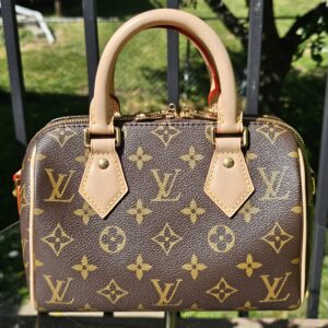 Front of the Monogram Speedy Bandouliere 20 with vachetta handles