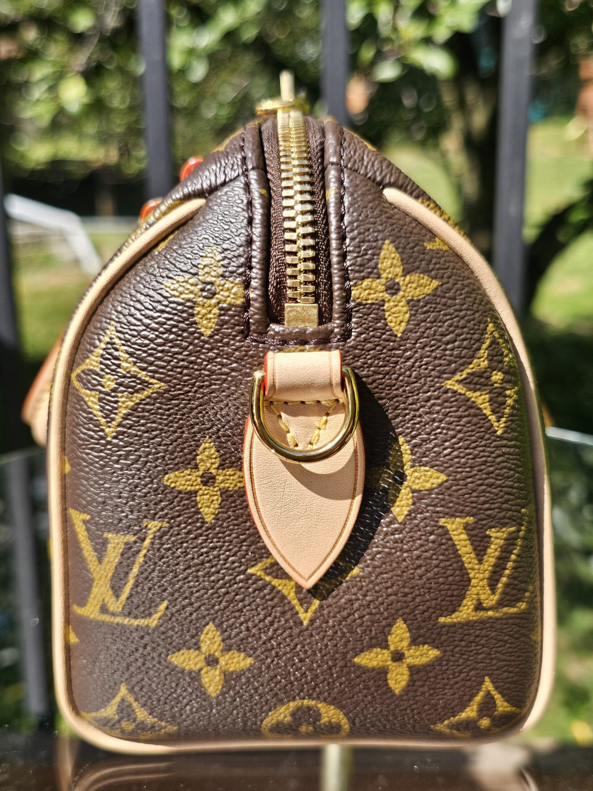 End panel of the Speedy Bandouliere 20 with the leather tab