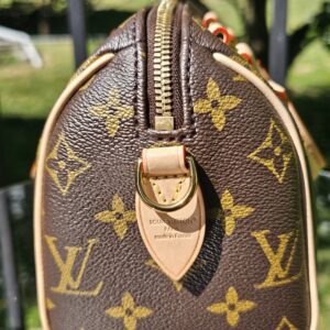 Top zip and leather tab of the Monogram Speedy Bandouliere 20