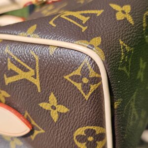 Lower corner and red piping of the Monogram Speedy
