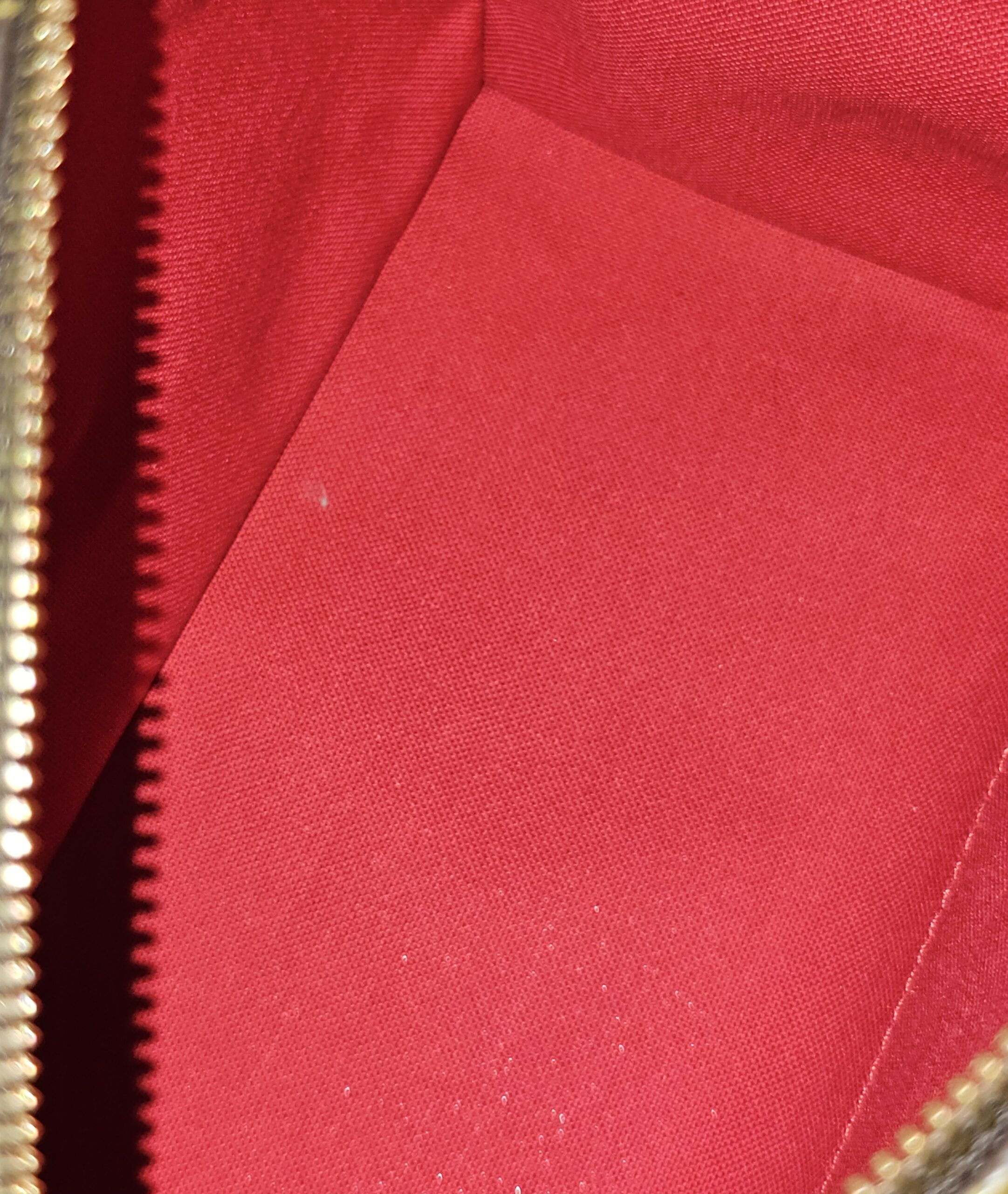 Red lining and gold-tone zip track inside the Speedy