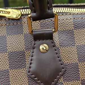 Leather handle tab against the Damier Ebene canvas
