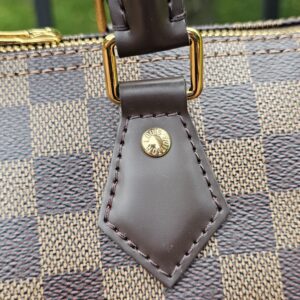 Handle tab and zip end on the Damier Ebene Speedy