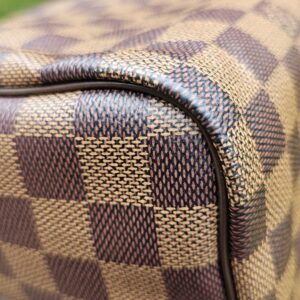Side corner of the Damier Ebene Speedy showing the canvas condition