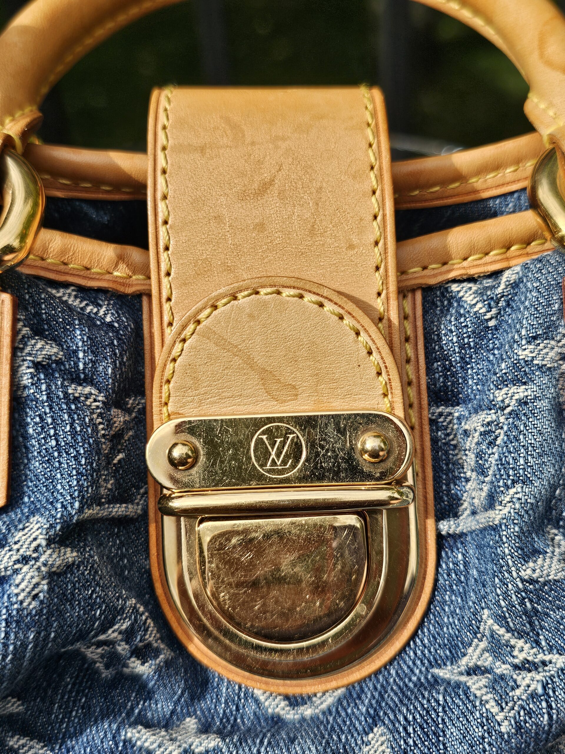 Vachetta flap and gold-tone push lock on the Pleaty