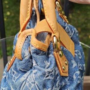 Blue Monogram Denim Pleaty held by its handles