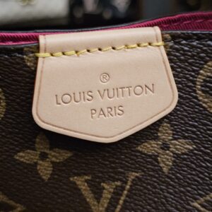 Vachetta tab stamped LOUIS VUITTON PARIS on the front of the bag