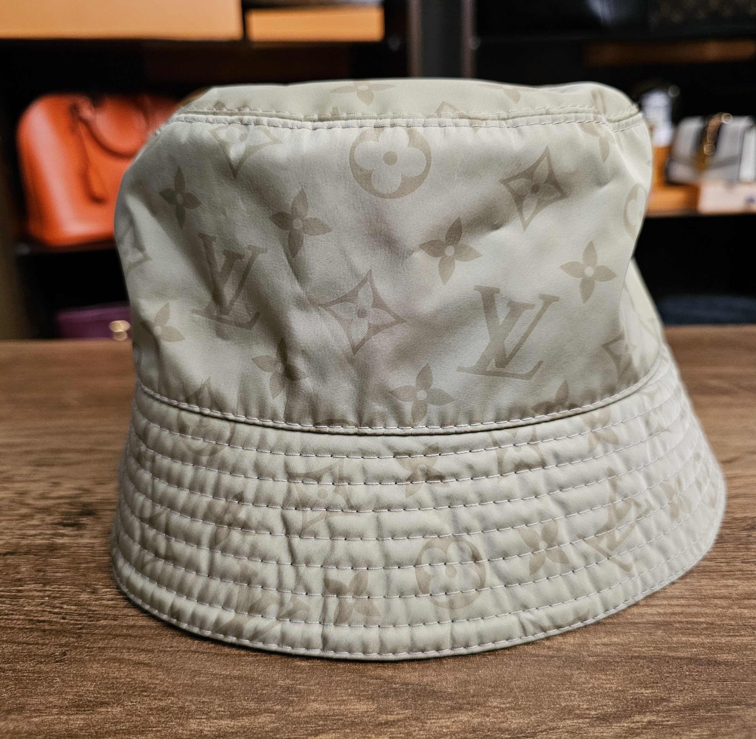 Louis Vuitton Monogram Rain Reversible Bucket Hat Sage Graphite Size M - the sage Monogram side