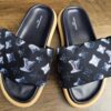 Louis Vuitton Monogram Nylon Pool Pillow Comfort Mules Navy Blue Size 38 - the pair from above showing the padded Monogram straps