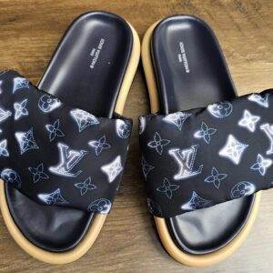 Louis Vuitton Monogram Nylon Pool Pillow Comfort Mules Navy Blue Size 38 - the pair from above showing the padded Monogram straps