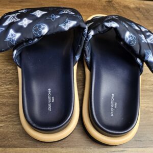 Pair from behind showing the navy footbeds and Louis Vuitton insole stamps