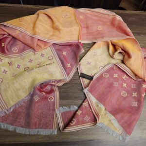 Louis Vuitton Vintage Silk Monogram Scarf Stole Pink Orange Yellow - the stole laid out showing its coral pink, orange and yellow sections