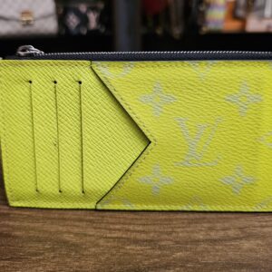 Louis Vuitton Taïgarama Coin Card Holder Yellow - front showing the card slots and V-shaped pocket in yellow Taïga leather and Monogram