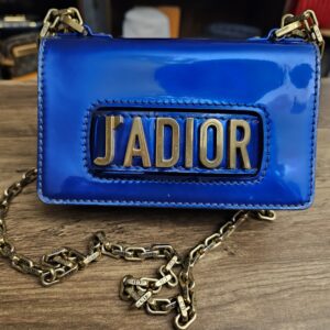 Christian Dior J'Adior Mini Chain Flap Bag Metallic Blue - front with the J'ADIOR flap handle and CD-link chain
