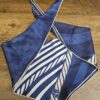 Louis Vuitton Silk Monogram Nautical Scarf Navy Blue - the scarf laid out showing the tonal Monogram and rope stripes