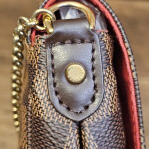 Brown leather tab and gold-tone D-ring on the side of the bag