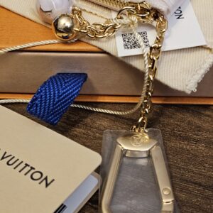 Gold-tone clasp of the key pouch resting on the Louis Vuitton box