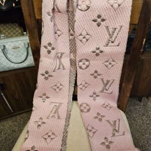 Pink Louis Vuitton Logomania Shine scarf hanging at full length