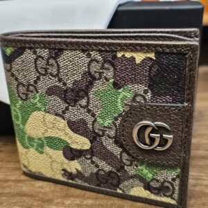 Gucci GG Supreme Camouflage Bifold Wallet Green Brown closed, showing the camo canvas and Double G hardware
