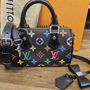 Louis Vuitton x Takashi Murakami Monogram Multicolore Noir Nano Speedy with its strap, name tag and clochette on the dust bag