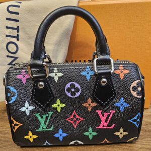 Front of the Nano Speedy showing the multicolor monogram on black coated canvas