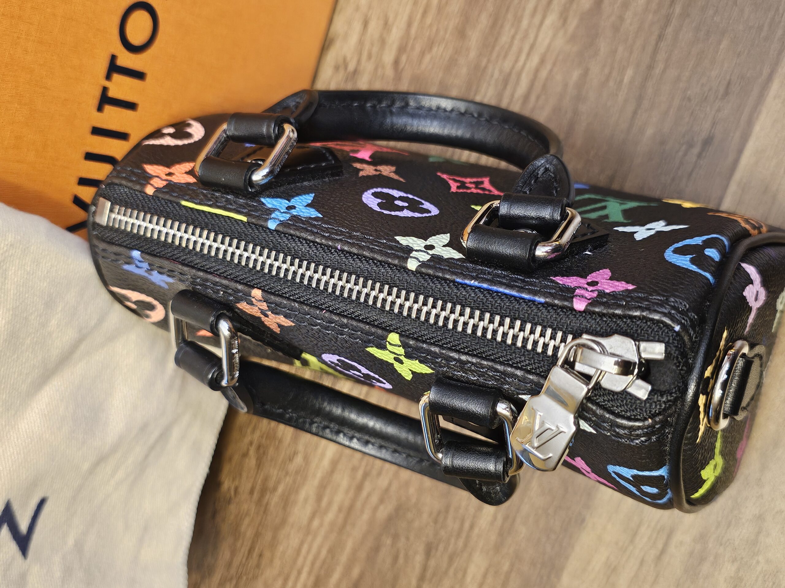 Top of the Nano Speedy showing the zip closure and black leather trim