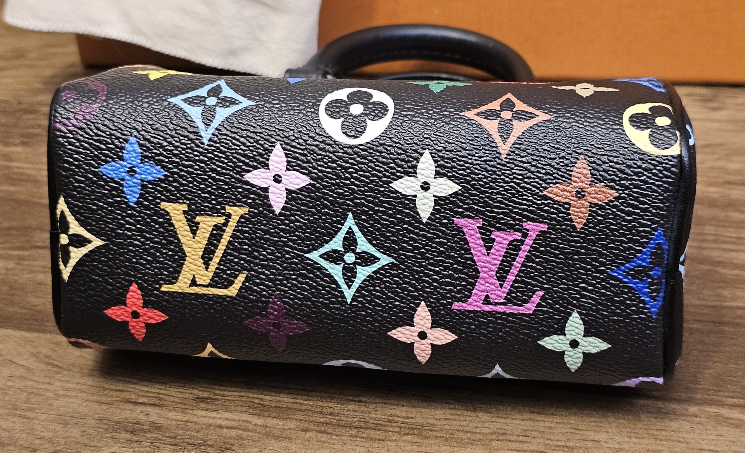 Nano Speedy on its side showing the multicolor monogram end panel