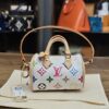 Louis Vuitton x Takashi Murakami Monogram Multicolor Micro Speedy White - front view with strap, retail tag and dust bag